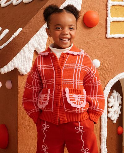 Collared Bow Pocket Cardigan in Grid Plaid - main