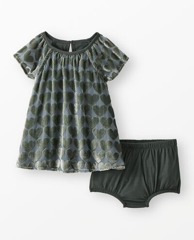 Baby Velvet Heart Dress & Bloomers Set in Hearts on Green - main