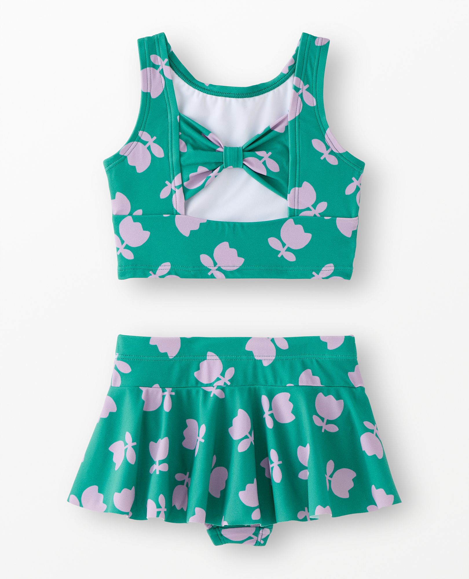 Two-Piece Bow Back Skirted Swimsuit in Tossed Tulips on Green - main