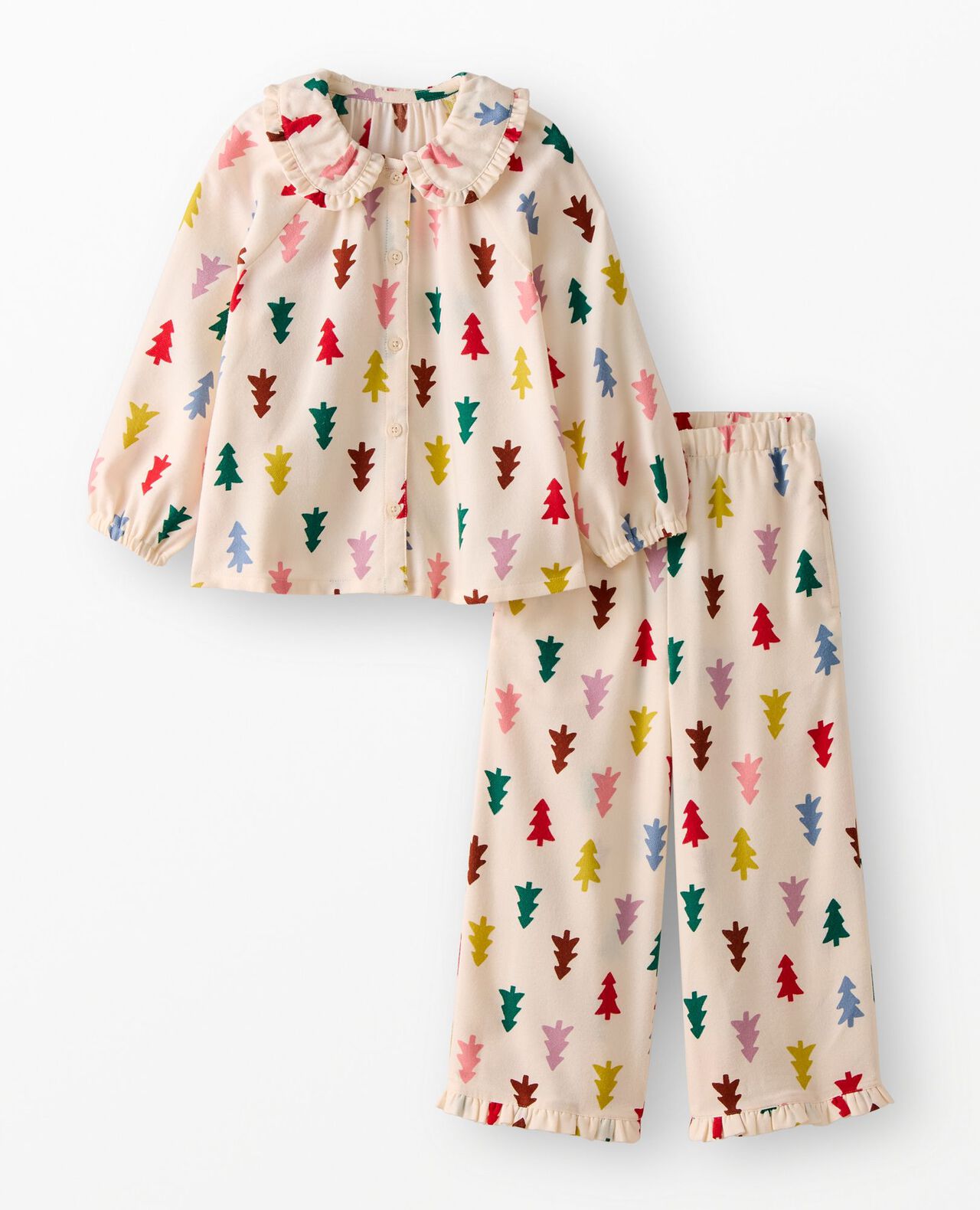 Holiday Flannel Ruffle Pajama Set in Festive Forest on Ecru - main