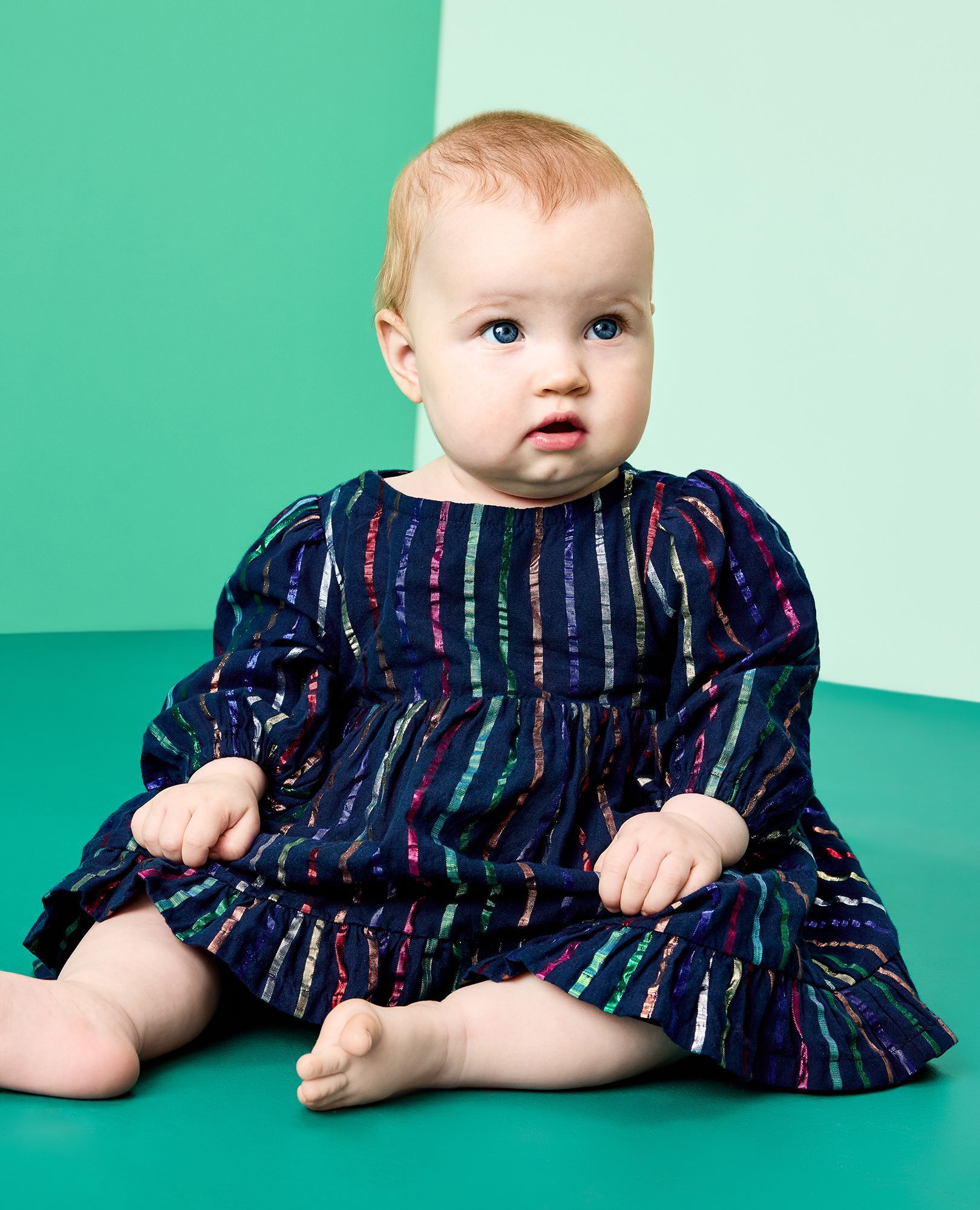 Baby Long Sleeve Metallic Striped Dress & Bloomers Set in Sparkle Stripe on Navy - main