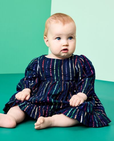 Baby Long Sleeve Metallic Striped Dress & Bloomers Set in Sparkle Stripe on Navy - main