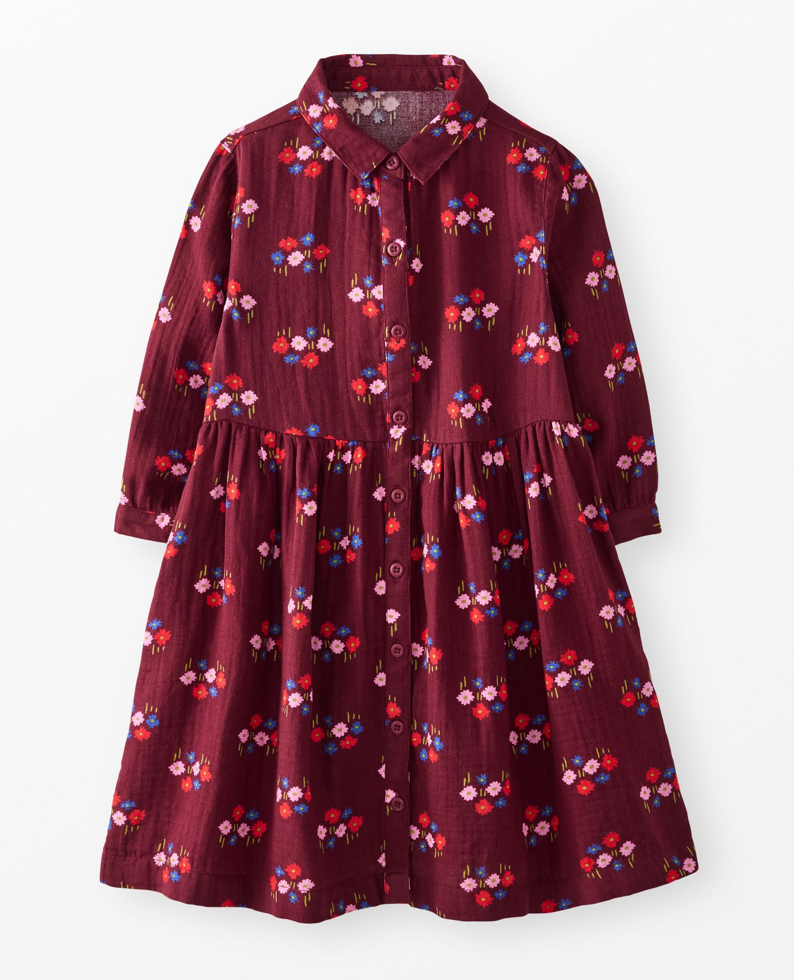 Long Sleeve Muslin Button Up Dress with Pockets in Flowers on Cherry Lacquer - main