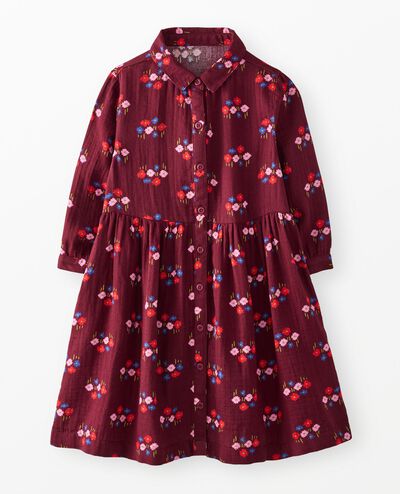 Long Sleeve Muslin Button Up Dress with Pockets in Flowers on Cherry Lacquer - main