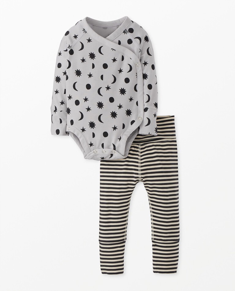 2-Piece Baby Layette Wiggle Set in HannaSoft™ in Stars and Moon Tonal on Grey - main