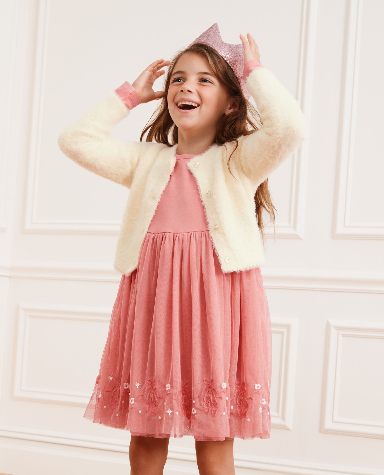 Long Sleeve Tulle Embroidered Skater Dress in Pointe Shoes on Macaron - main