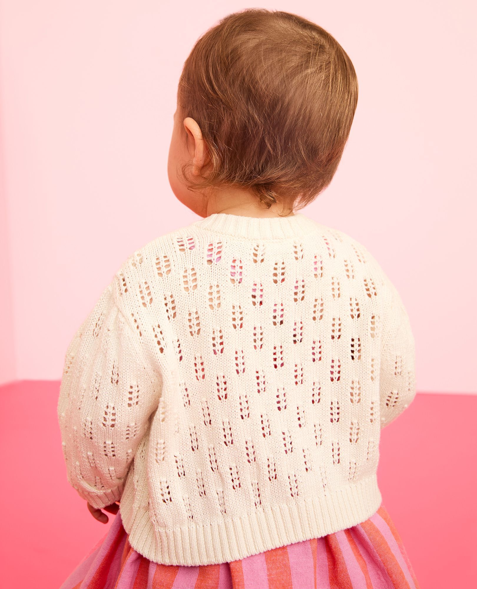 Baby Balloon Sleeve Pointelle Cardigan Sweater in Ecru - main