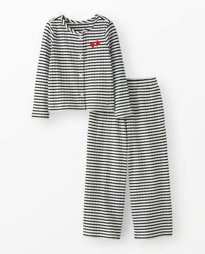 Long Sleeve Pointelle Top & Wide Leg Pants Set in Soft Black/Ecru - main