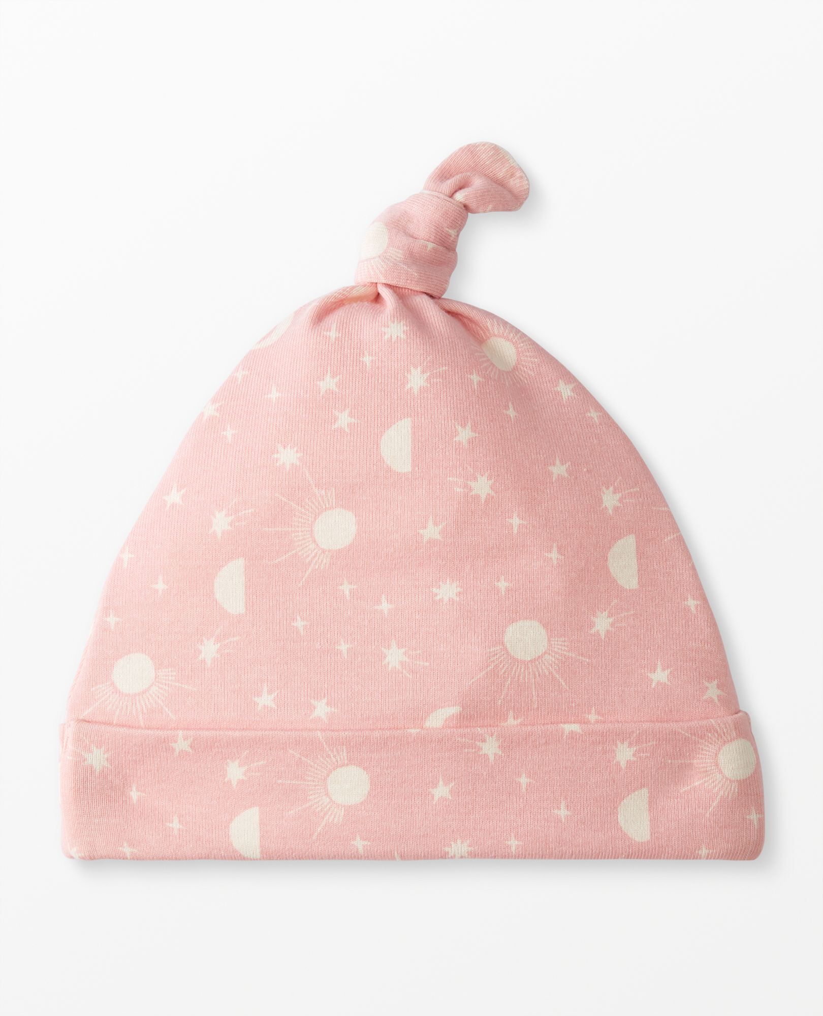 Baby Layette Top Knot Beanie in Moonlight on Blush Pink - main