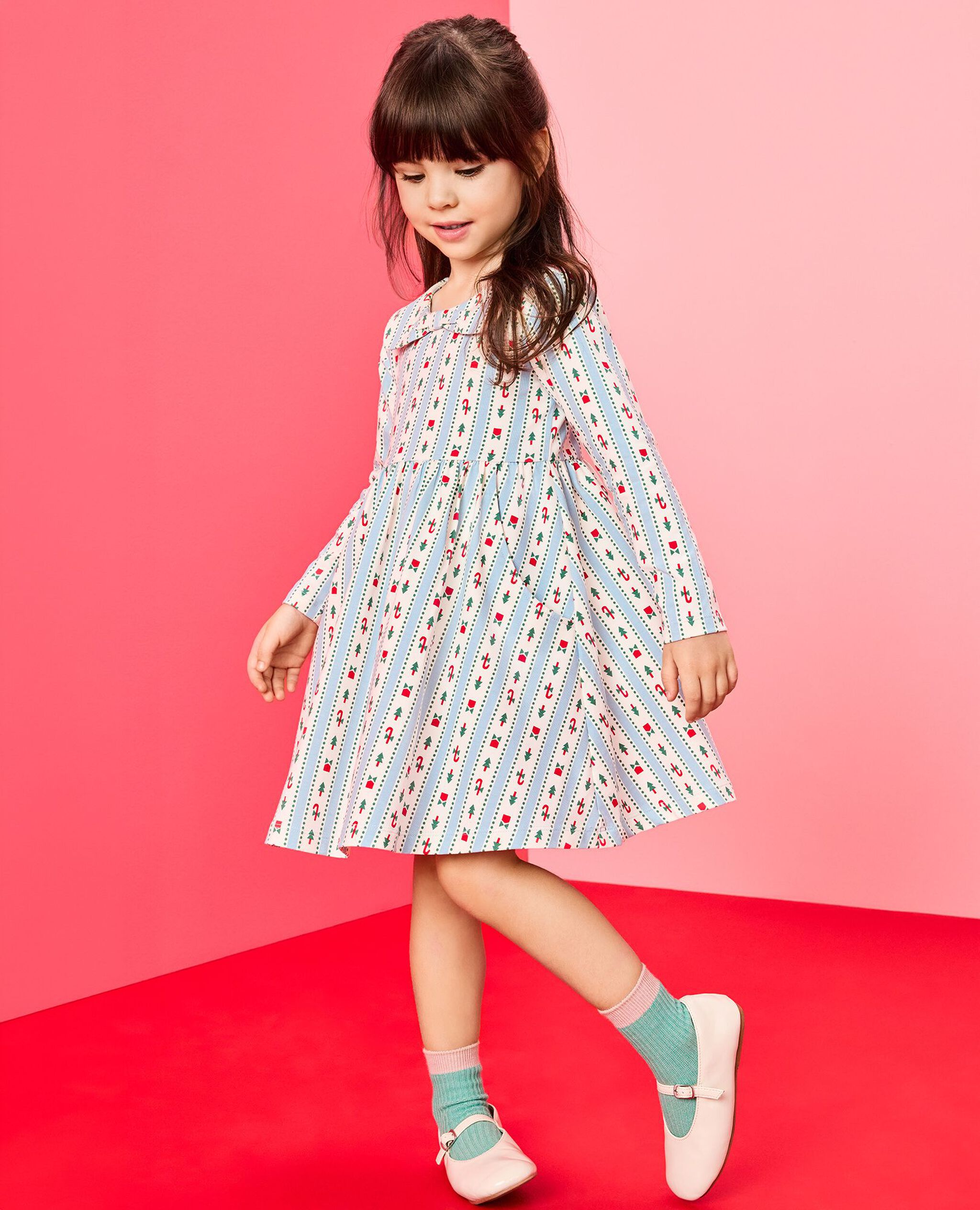 Holiday Long Sleeve Bow Collar Skater Dress with Pockets in Christmas Ribbons on Robin Egg Blue - main