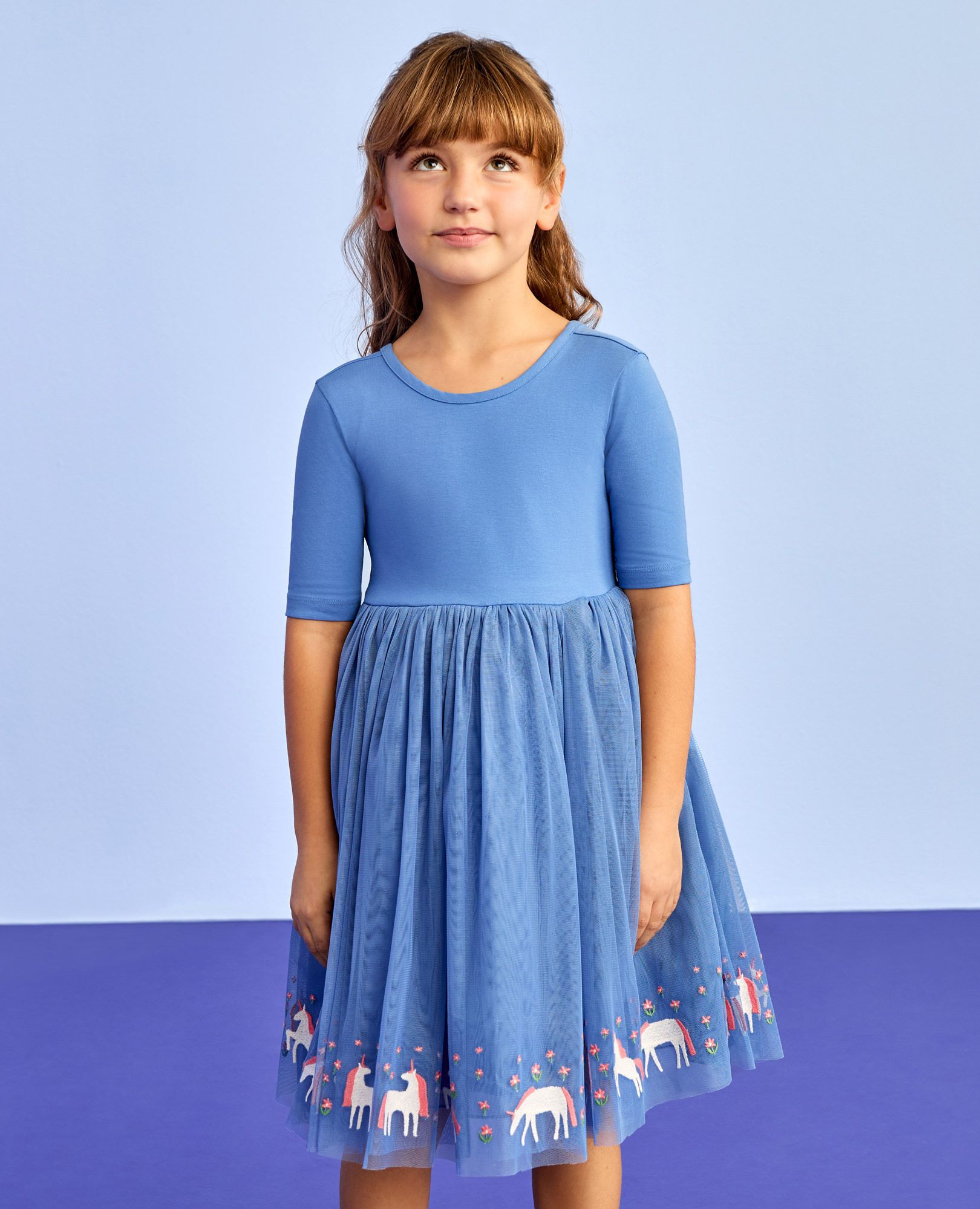 Tulle Embroidered Skater Dress in Unicorn Garden on Blue - main