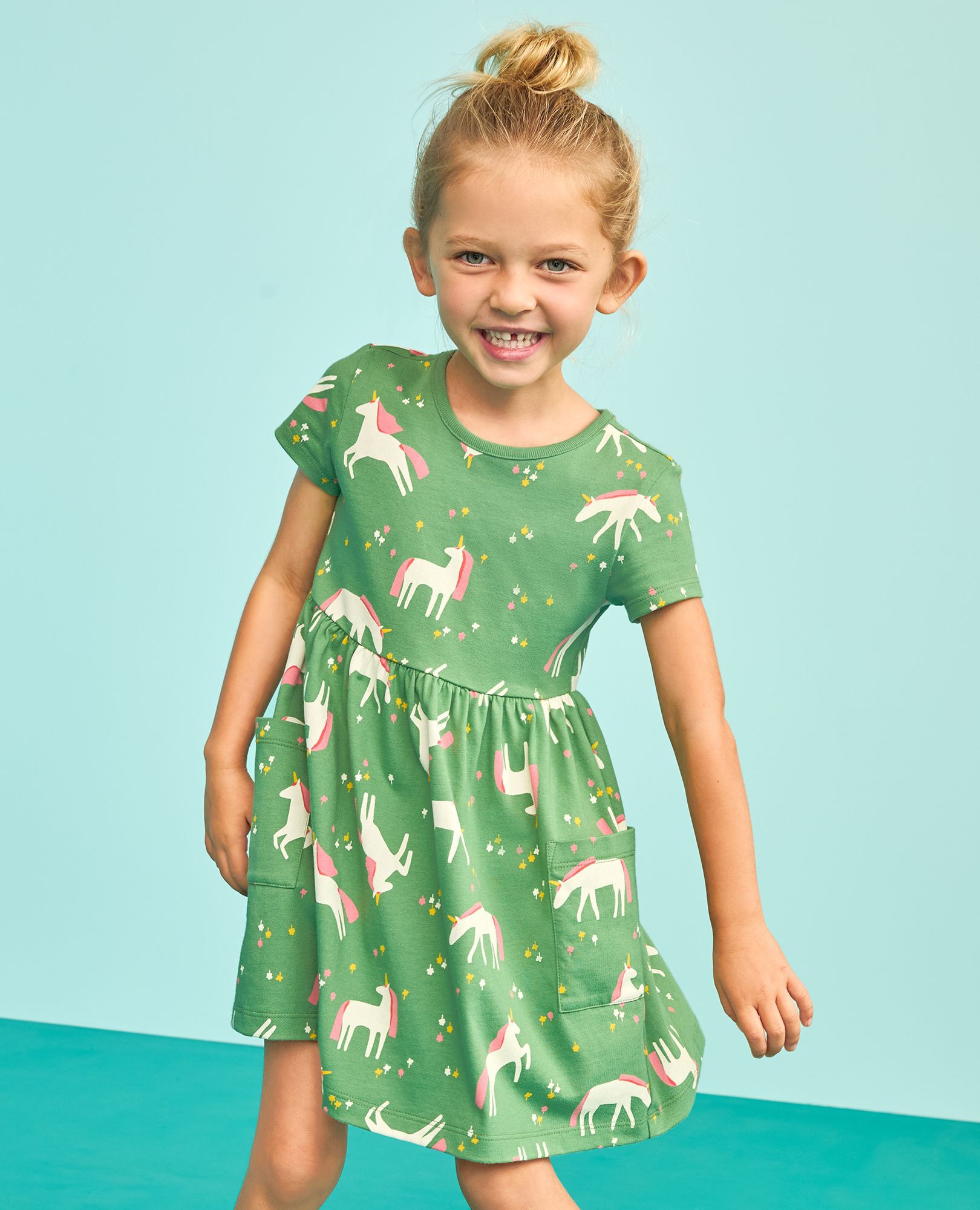 Playground Dress with Pockets in Unicorn Garden on Green - main
