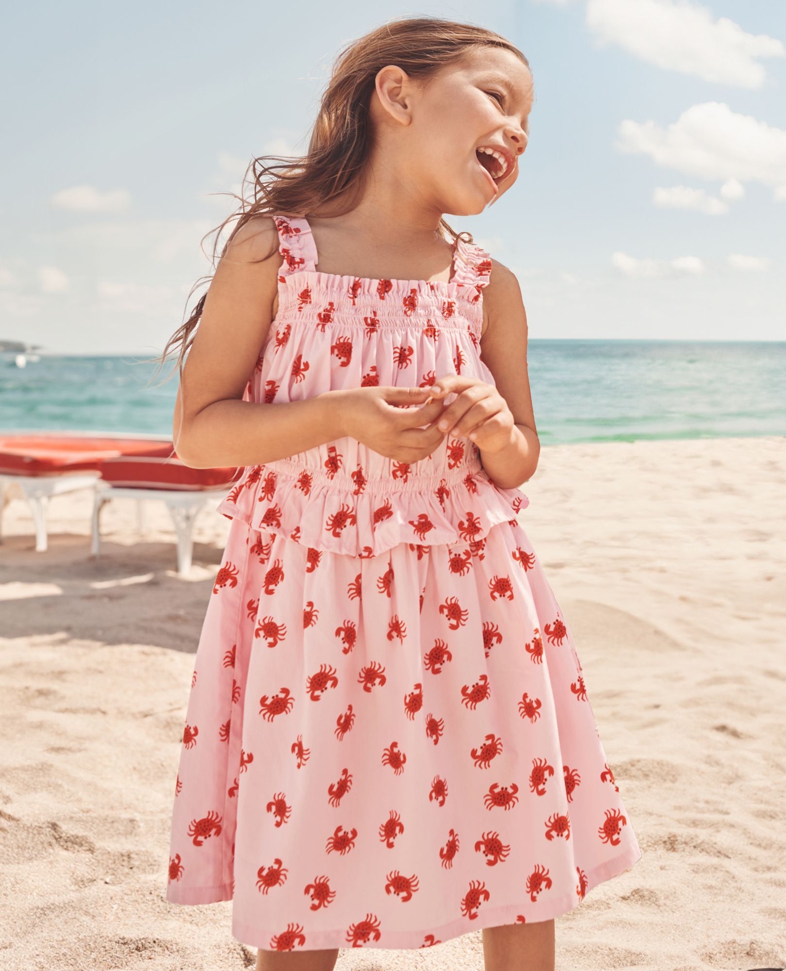 Sleeveless Poplin Smocked Dress in Little Crabby Pants on Pink Lilac - main