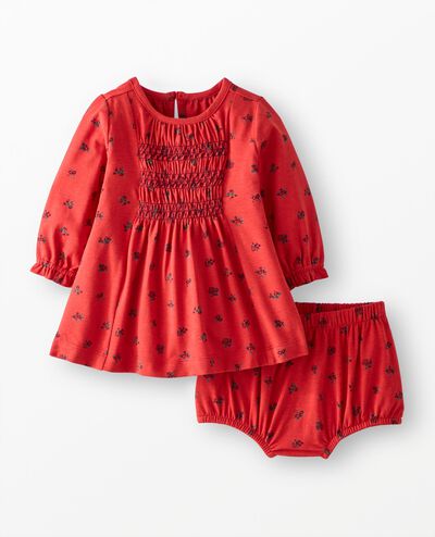 Baby Long Sleeve Smocked Dress & Bloomers Set in Delicate Florals on Scarlet Red - main