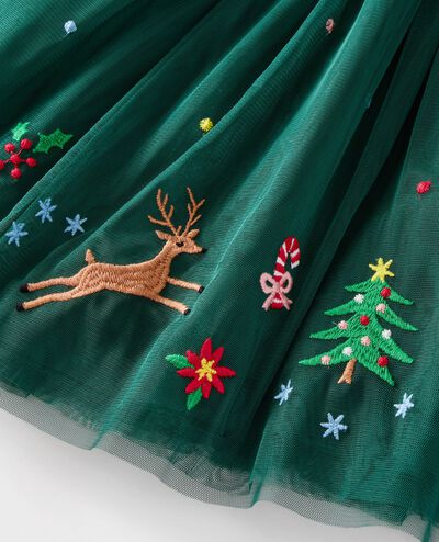 Long Sleeve Tulle Embroidered Dress in Reindeer on Malachite - main