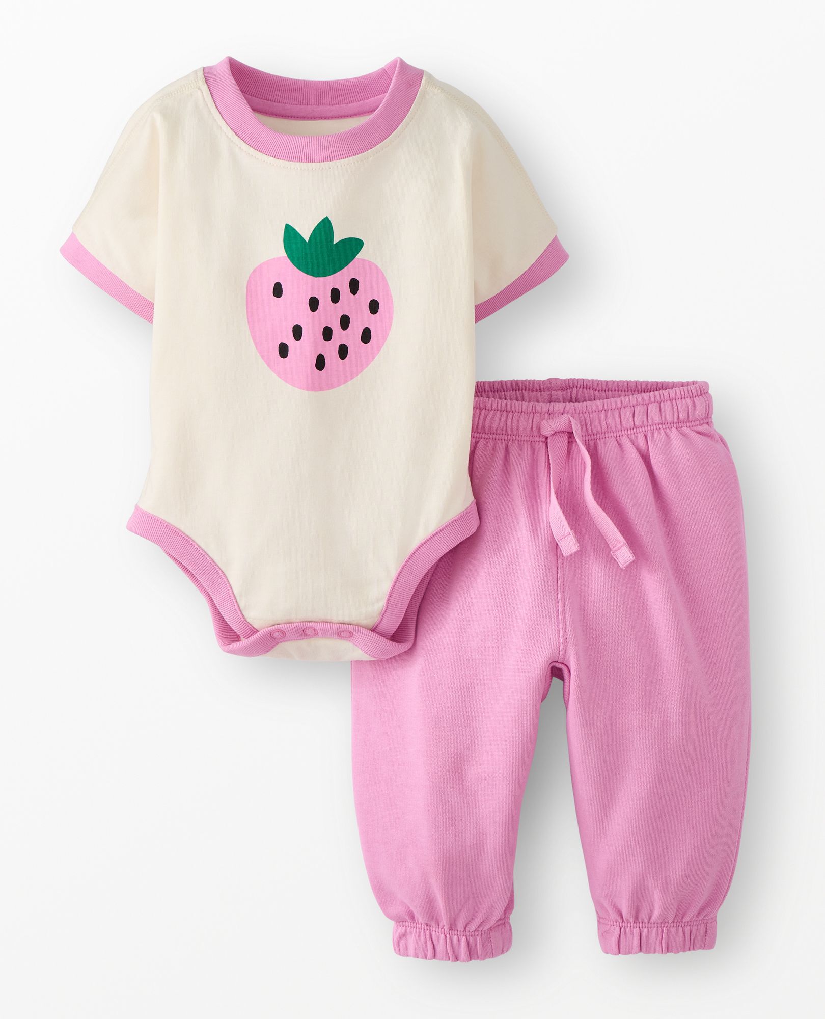 Baby Graphic Bodysuit & French Terry Sweatpants Set in Pink Strawberries on Ecru - main