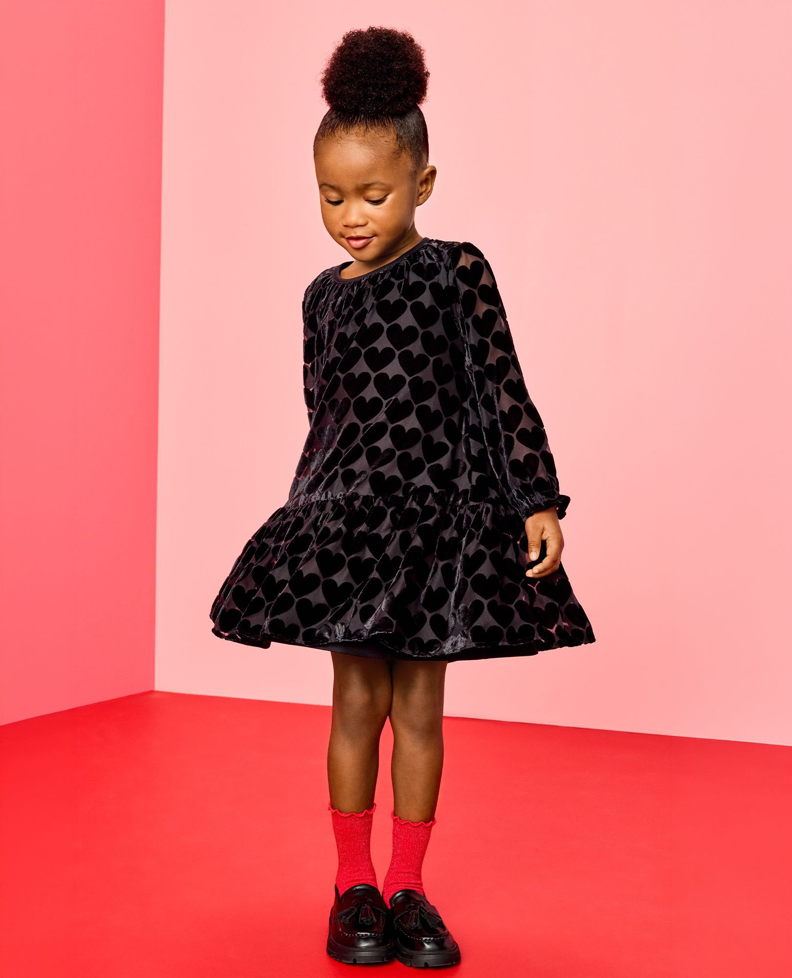 Balloon Sleeve Velvet Tiered Dress in Hearts on Black - main