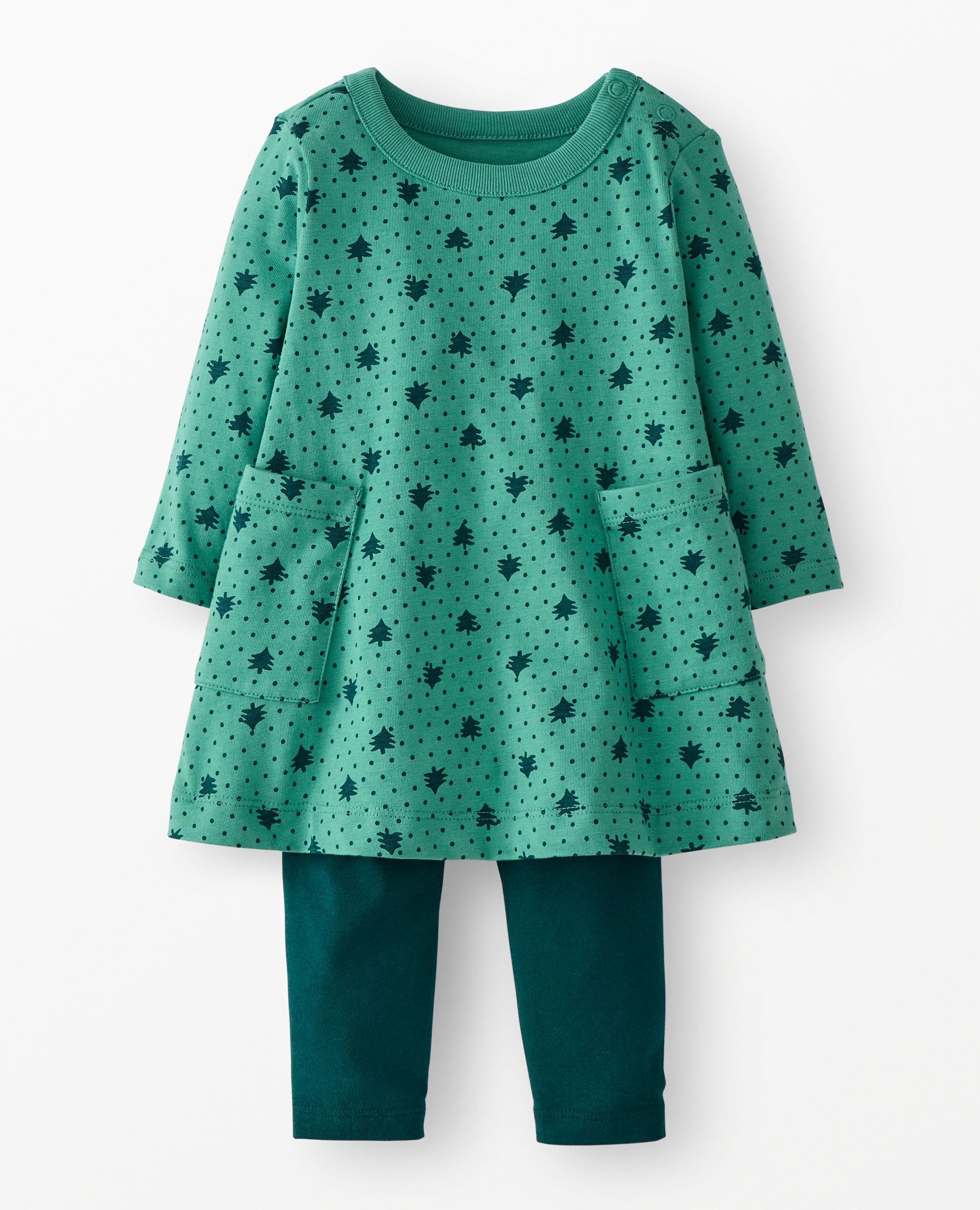 Baby Holiday Long Sleeve Pocket Dress & Leggings Set in Green Forest on Green - main