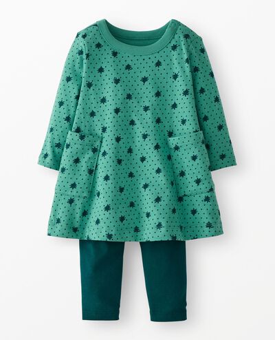 Baby Holiday Long Sleeve Pocket Dress & Leggings Set in Green Forest on Green - main