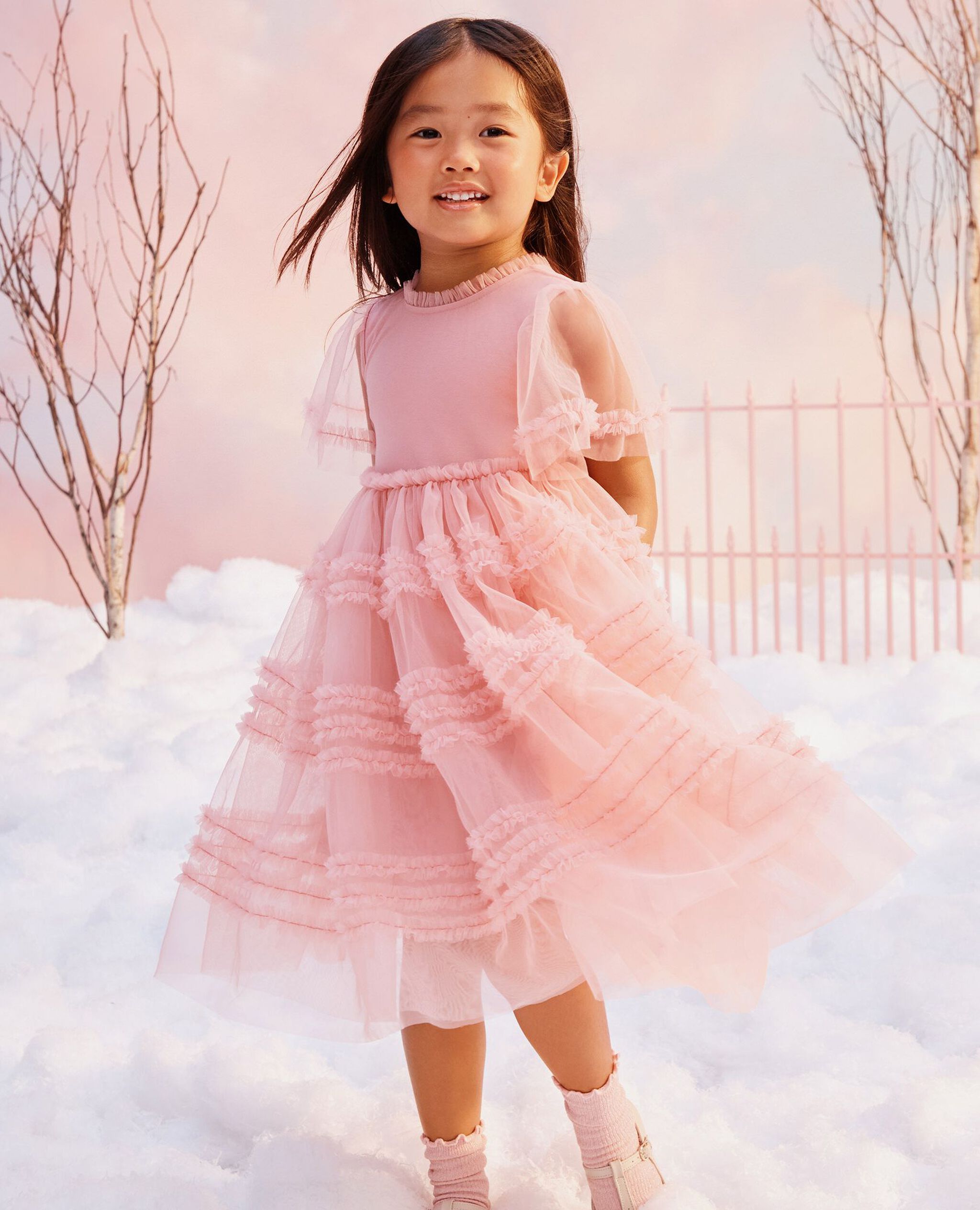Flutter Sleeve Tulle Ruffle Dress in Pink - main