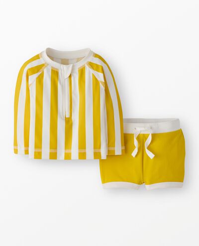 Baby Striped Rashguard & Swim Trunks Set in Yellow/White - main