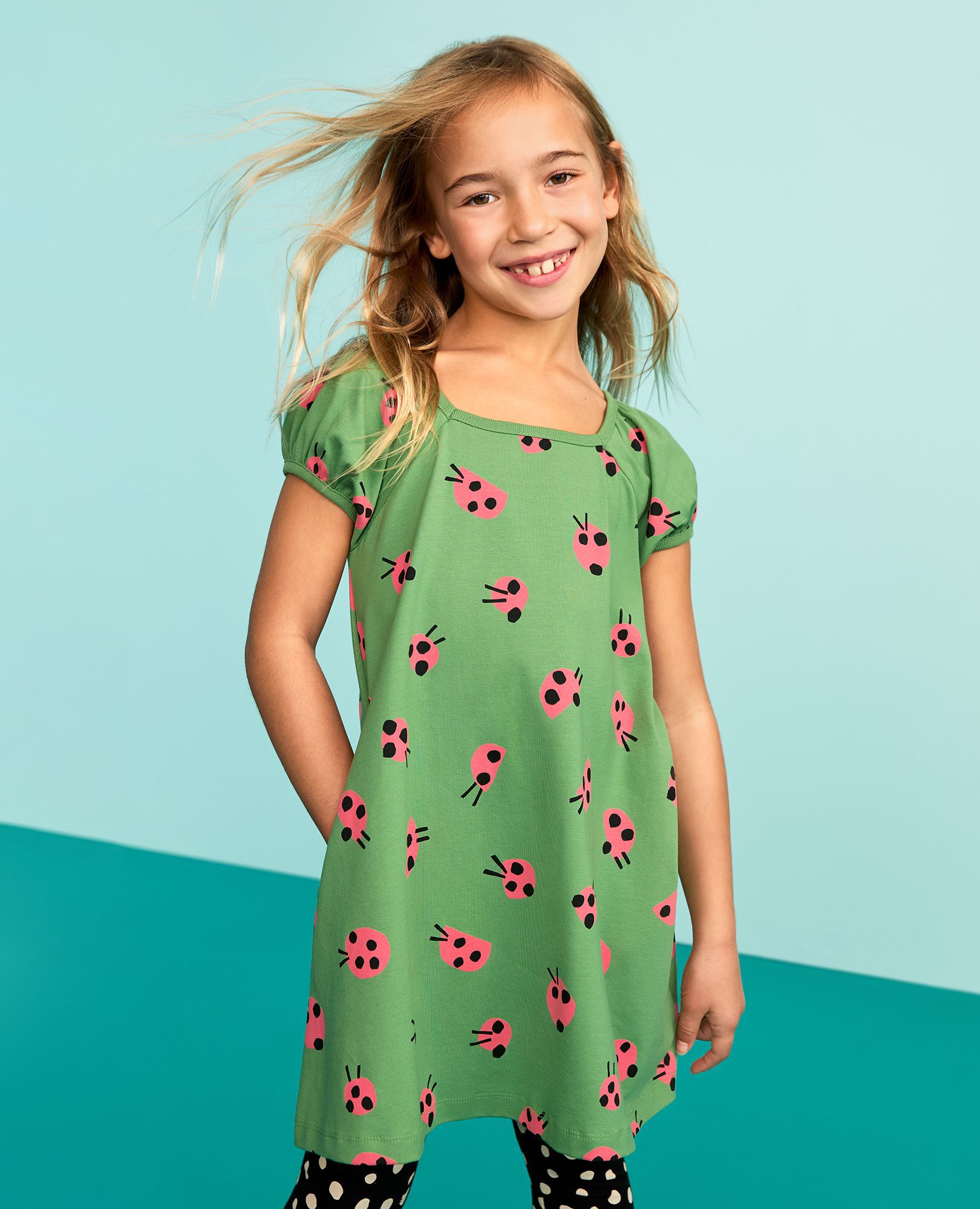 Puff Sleeve Dress with Pockets in Lucky Ladybugs - main