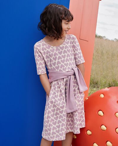 Skater Dress with Pockets in Purple Hearts on Almond Oil - main