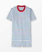 Adult Unisex Short John Pajamas In Organic Cotton in Baltic Blue/Hanna White/Tangy Red - main