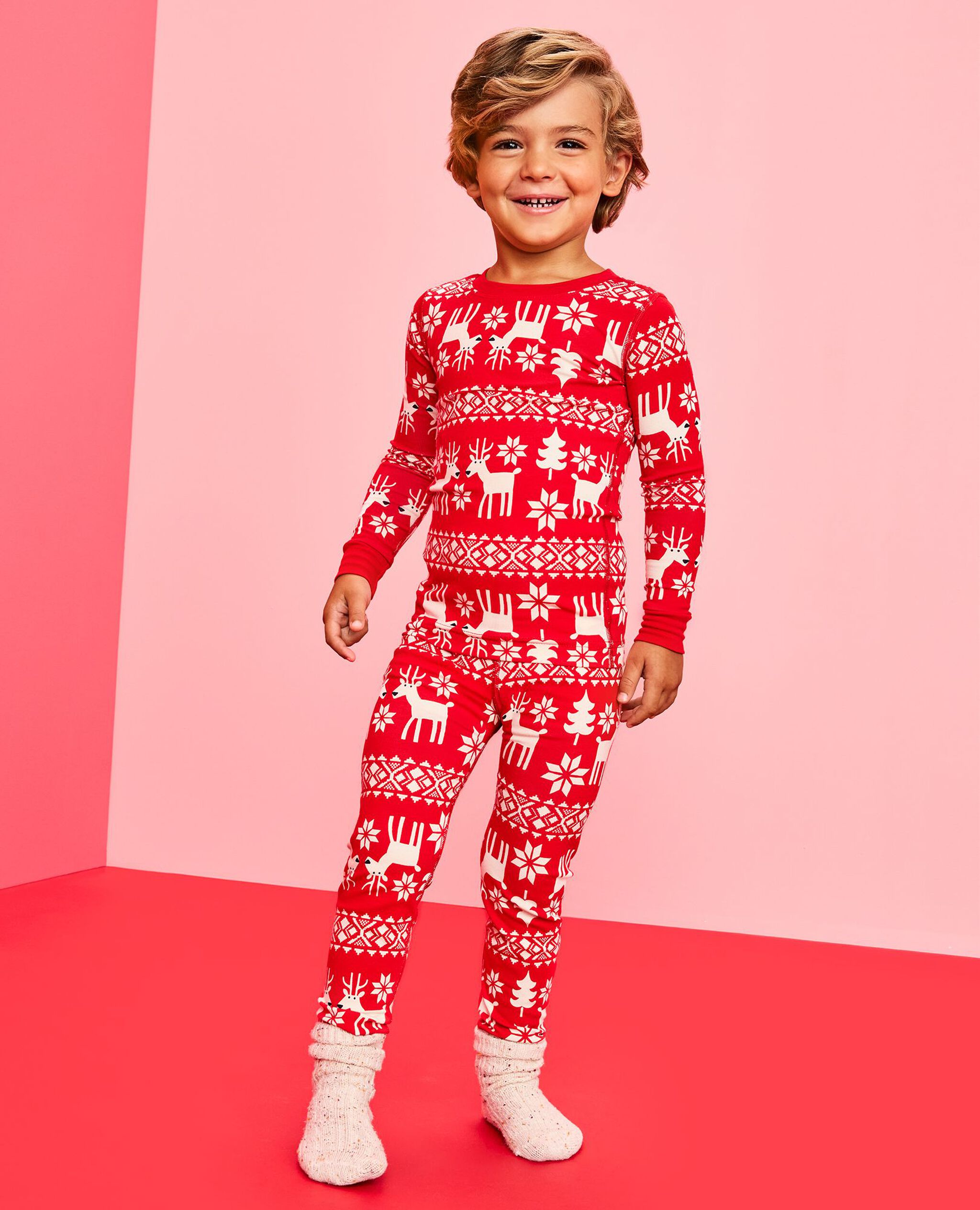 Holiday HannaSoft™ Stretch Pajama Set in Dear Deer on Ribbon Red - main