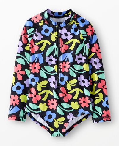 One-Piece Rashguard Swimsuit in Florals on Black - main