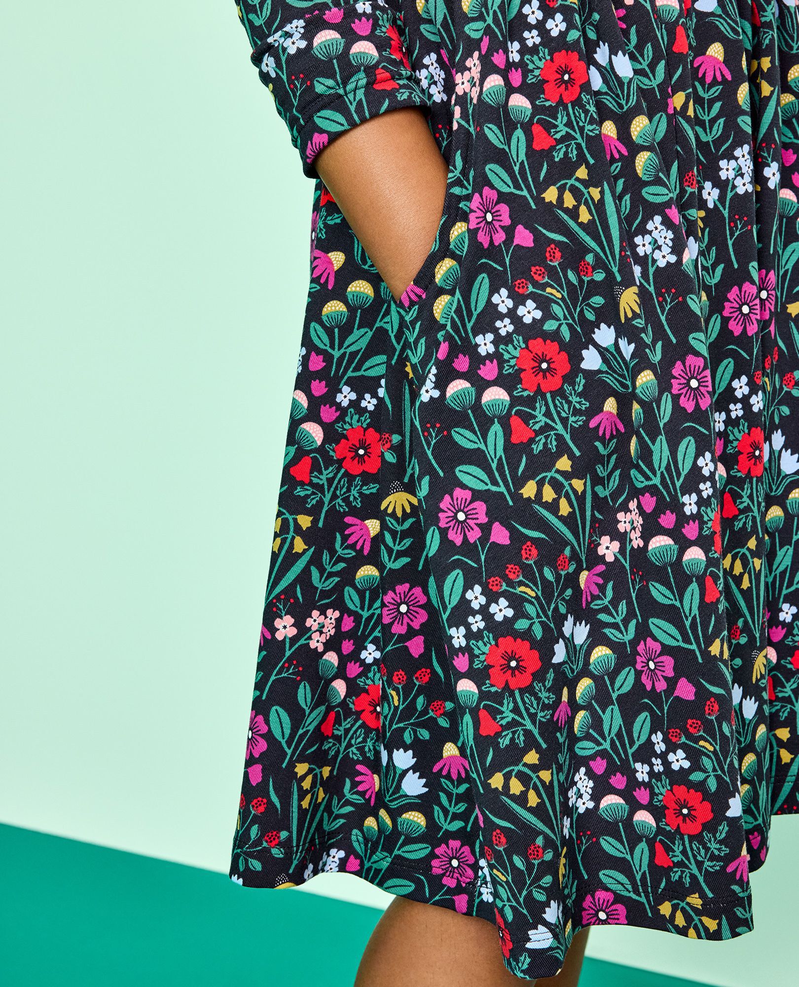 Holiday Long Sleeve Skater Dress with Pockets in Garden Dream on Black - main