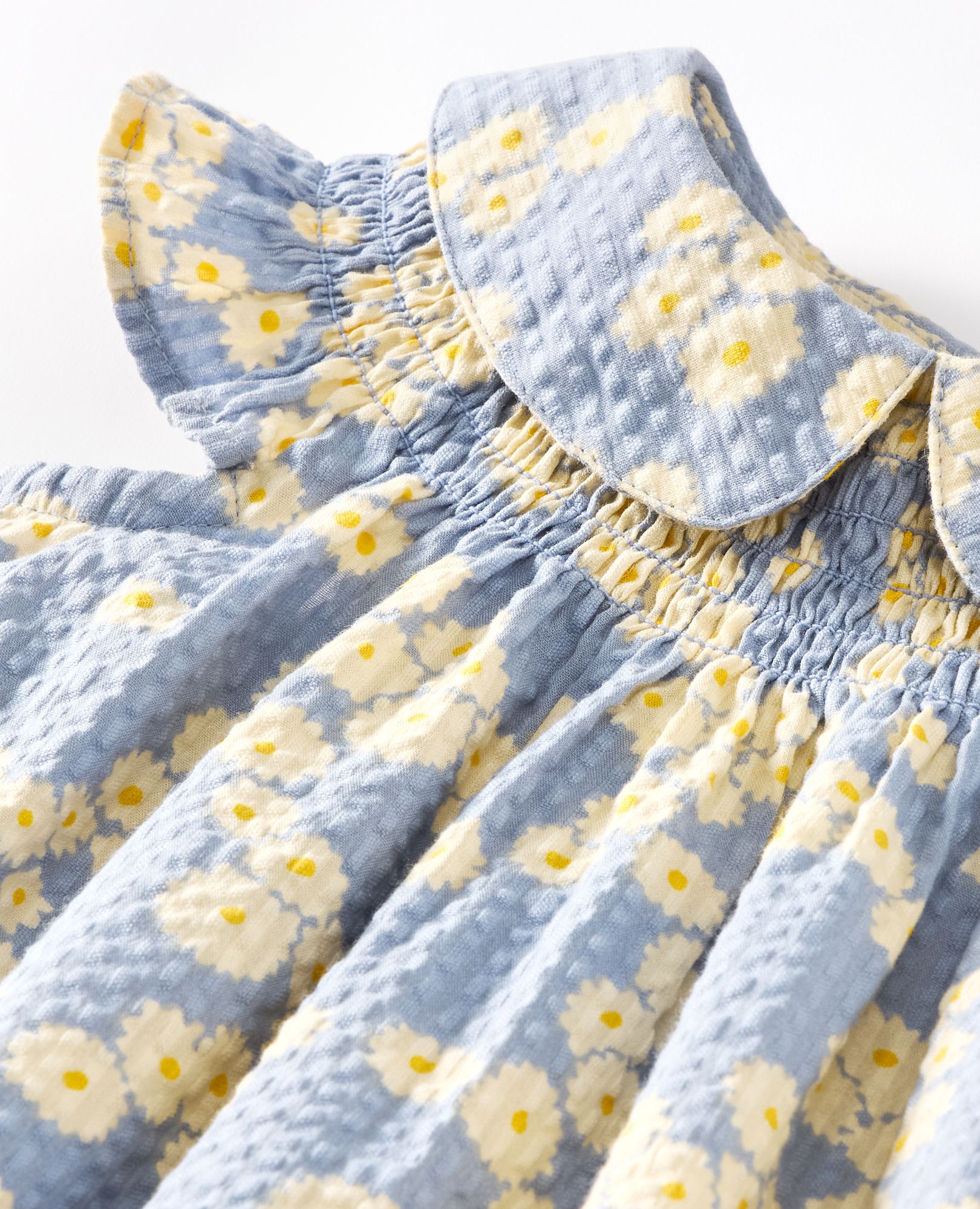 Baby Smocked Seersucker Dress & Bloomers Set in Flowers on Blue - main