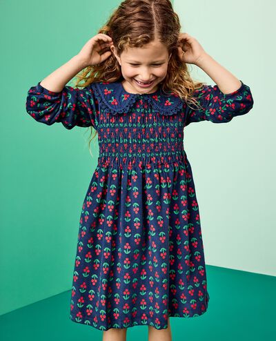 Embroidered Corduroy Dress with Pockets in Holly Berries on Midnight Blue - main