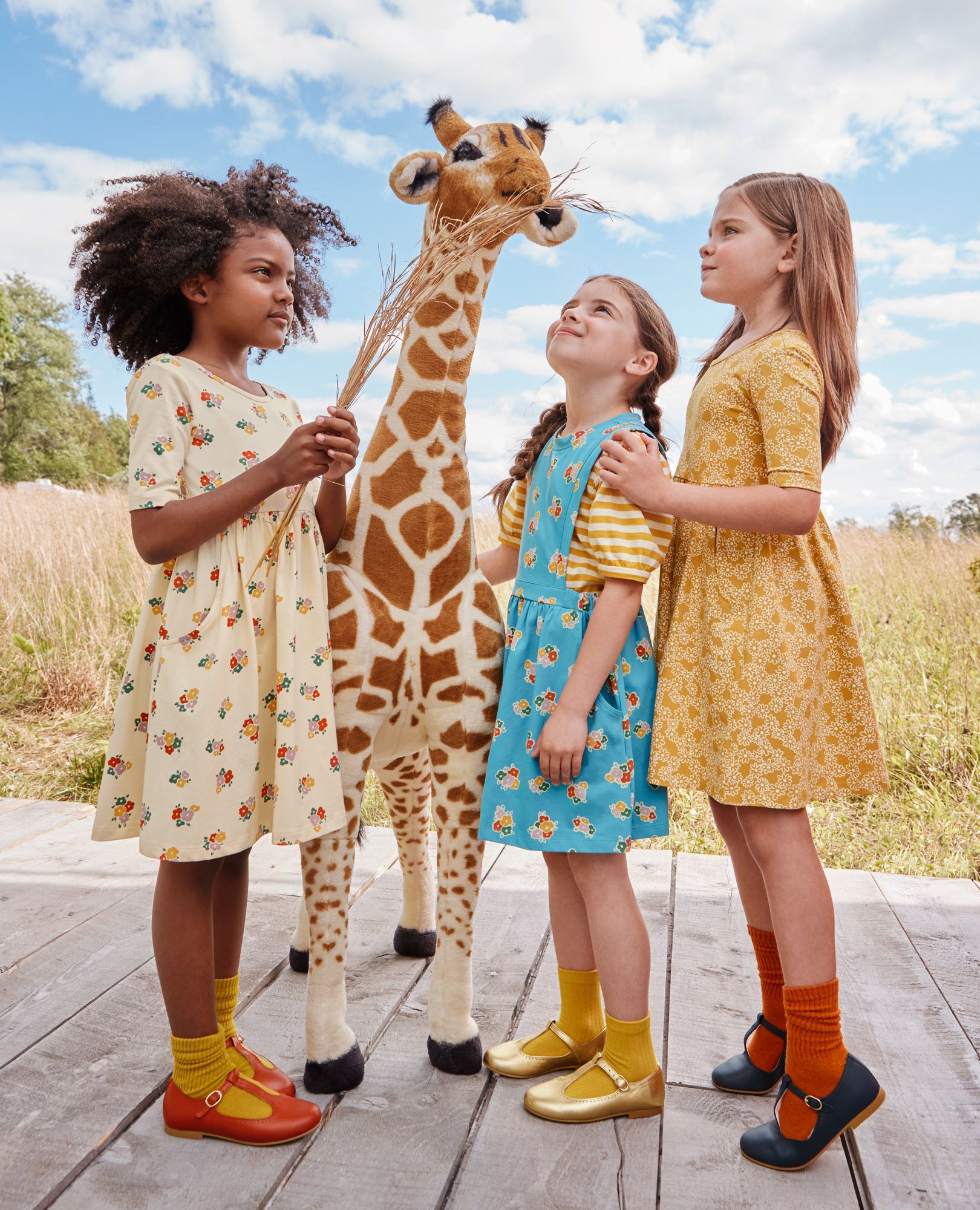 Balloon Sleeve T-Shirt & Pinafore Dress Set in Flower Bunch on Chalk Blue - main