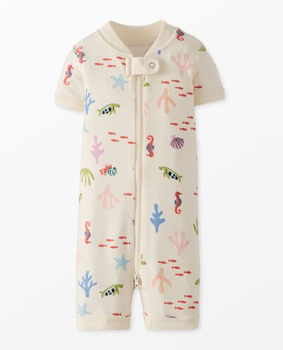 Baby 2-Way Zip Shortie Sleeper in Gentle Ocean on Ecru - main