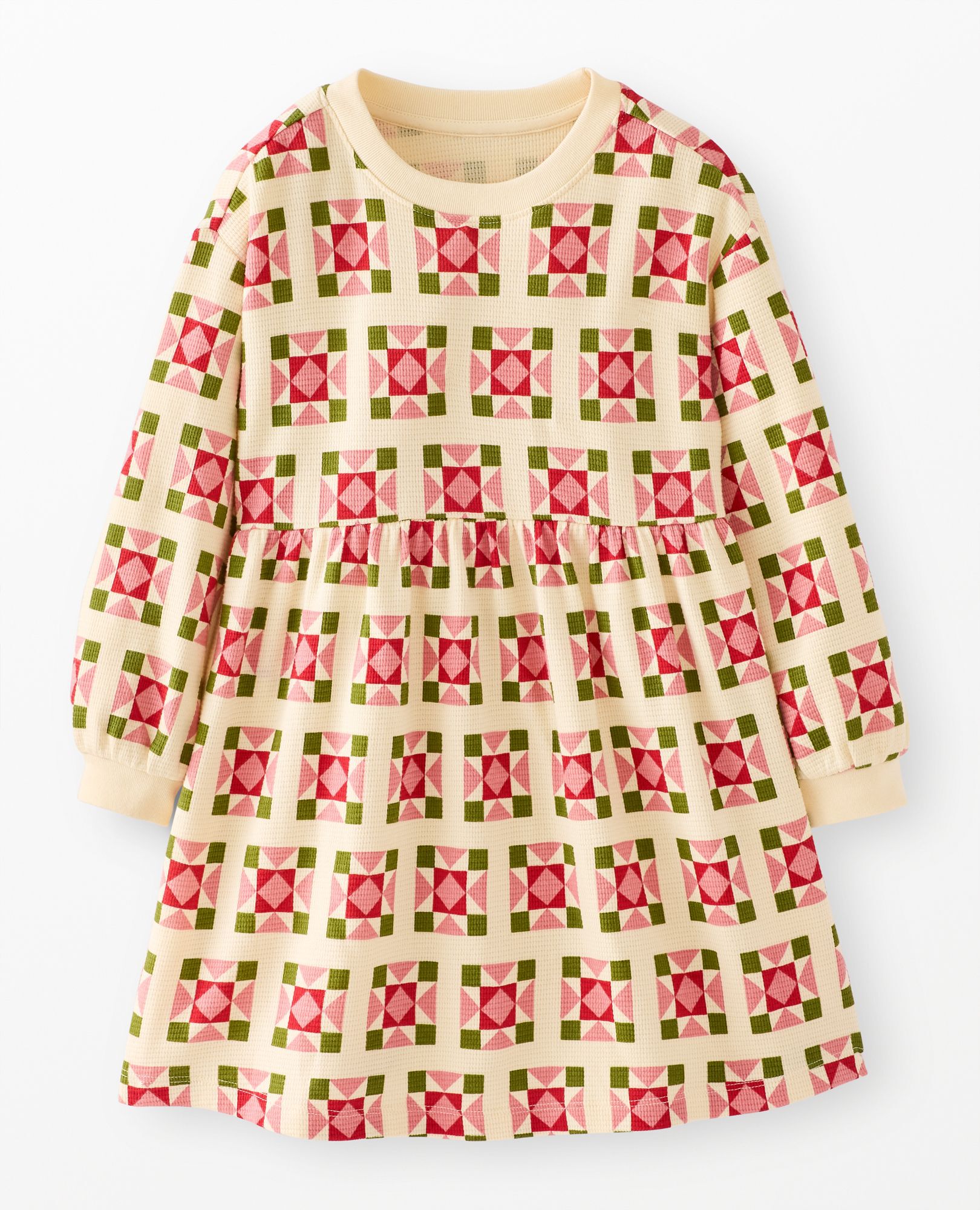 Balloon Sleeve Waffle Dress with Pockets in Quilted Stars on Almond Oil - main