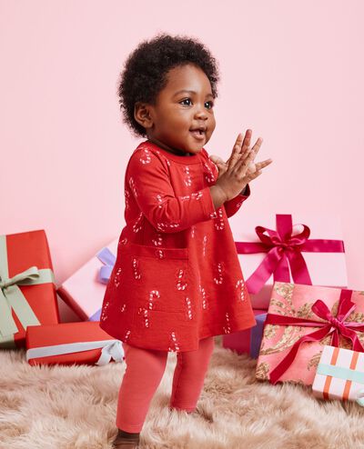 Baby Holiday Long Sleeve Pocket Dress & Leggings Set in Cheerful Candy Canes on Red - main