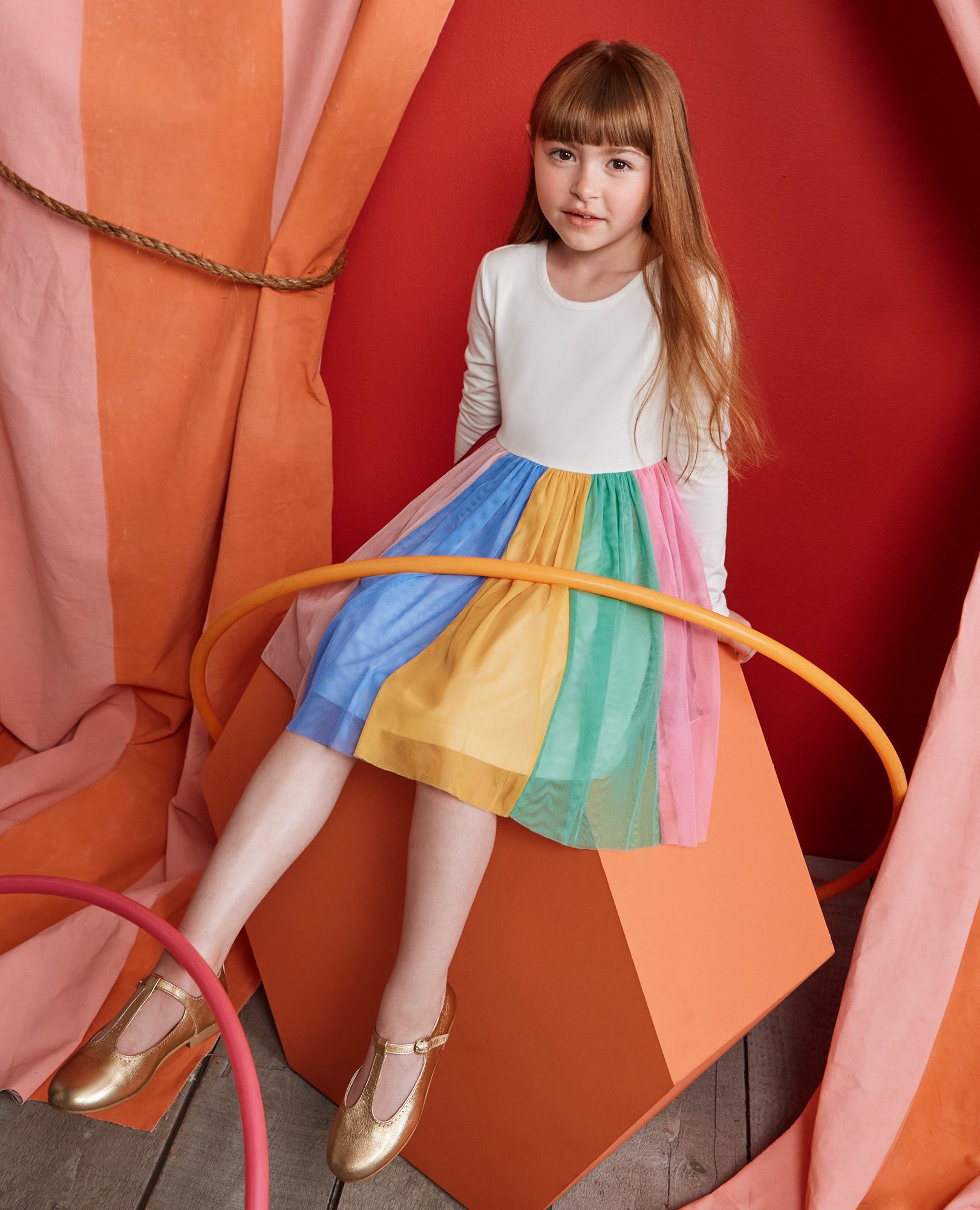 Long Sleeve Tulle Rainbow Dress in Ecru Rainbow - main
