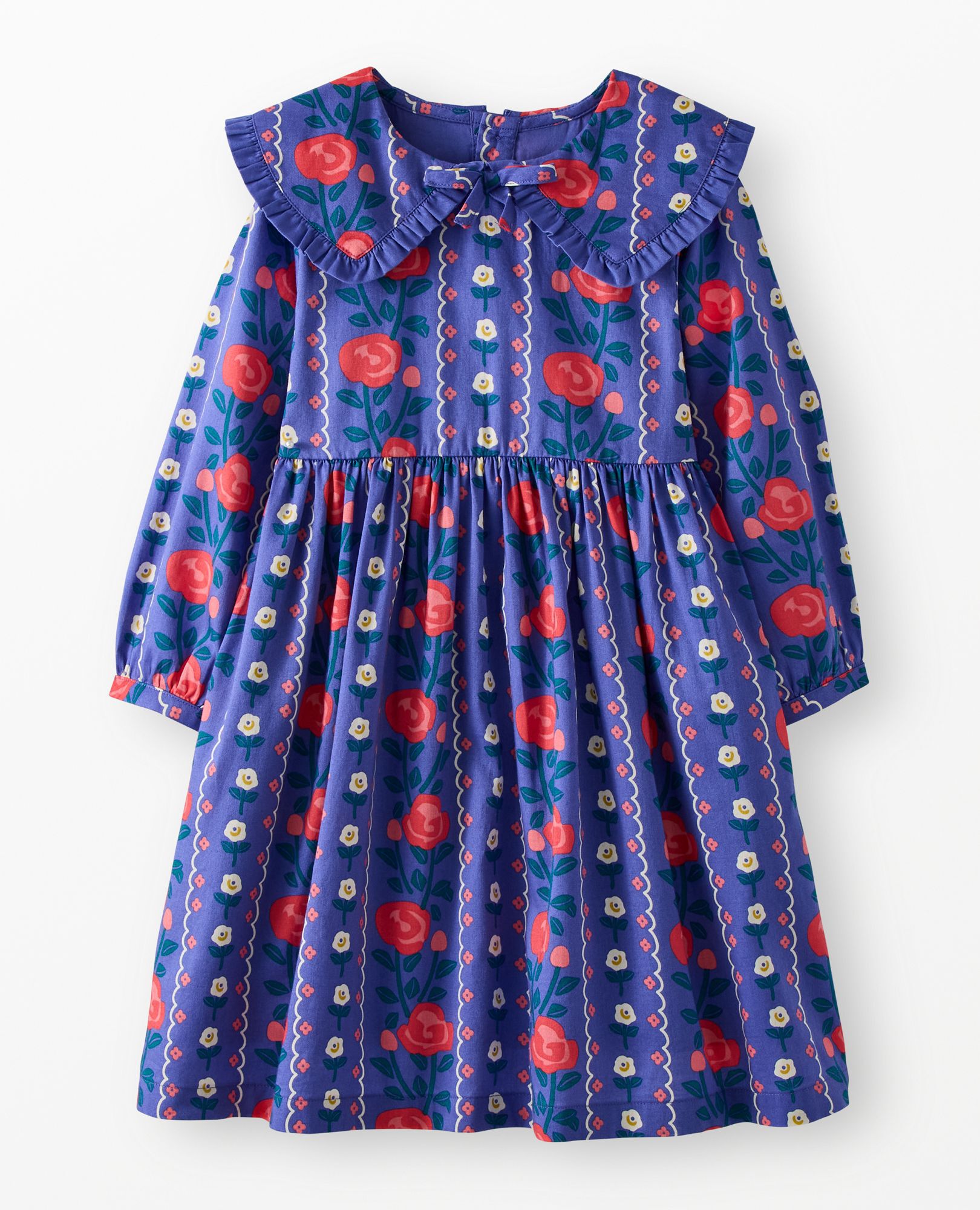 Long Sleeve Ruffle Collar Twill Dress with Pockets in Floral Wallpaper - main