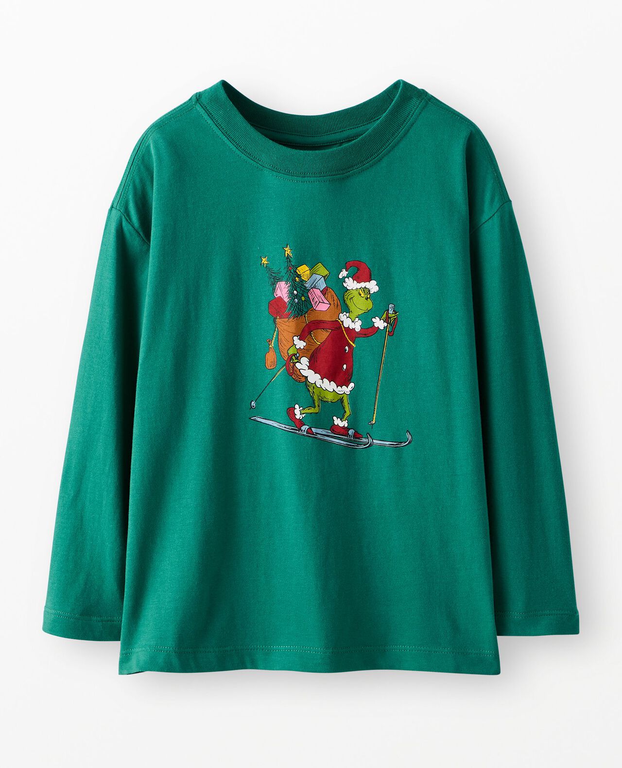 Dr. Seuss Grinch Relaxed Fit Long Sleeve T-Shirt in Grinch Skiing on Green - main