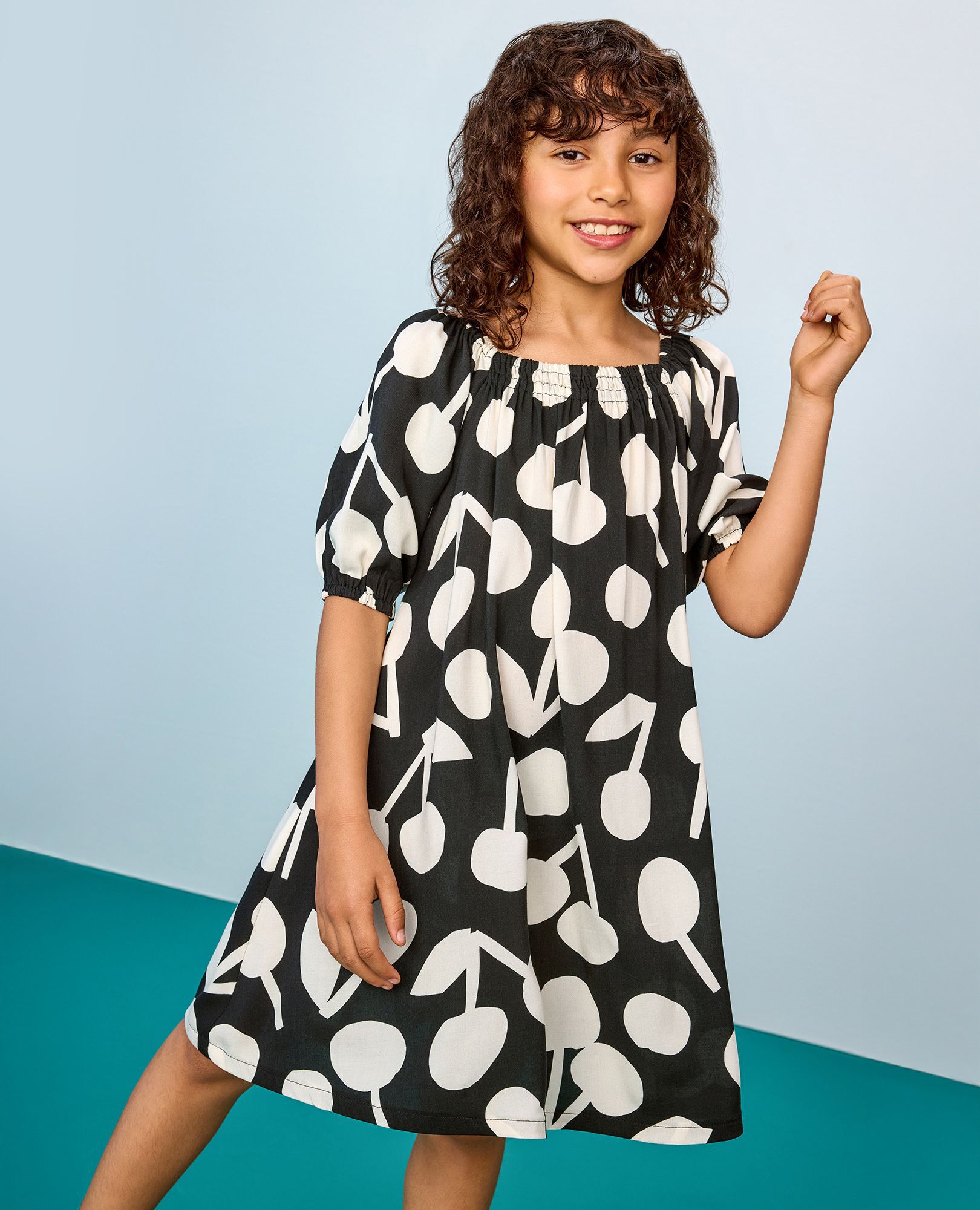 Puff Sleeve Dress in Ecru Cherries on Black - main