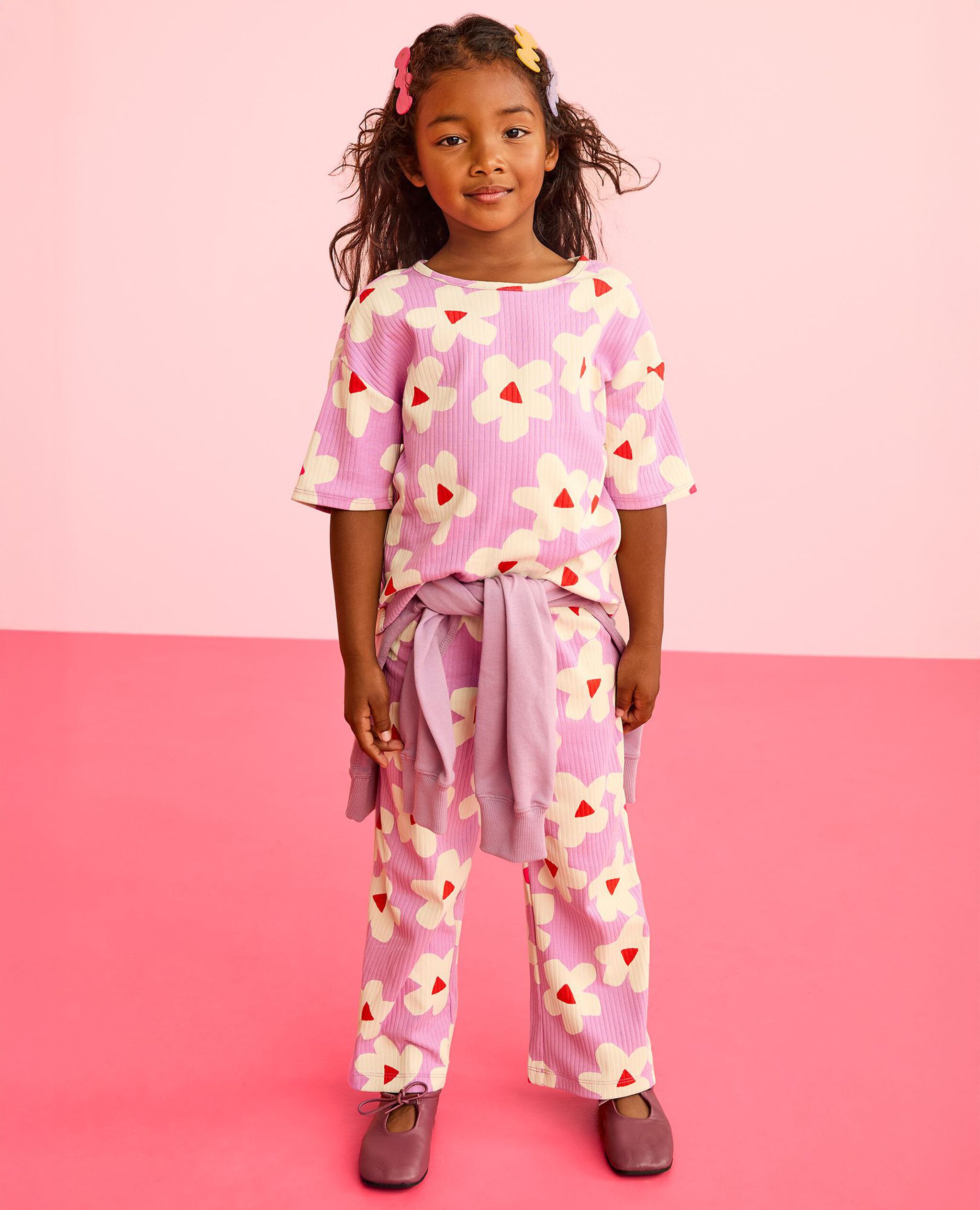 Ribbed T-Shirt & Flare Pants Set in White Flower on Pink - main