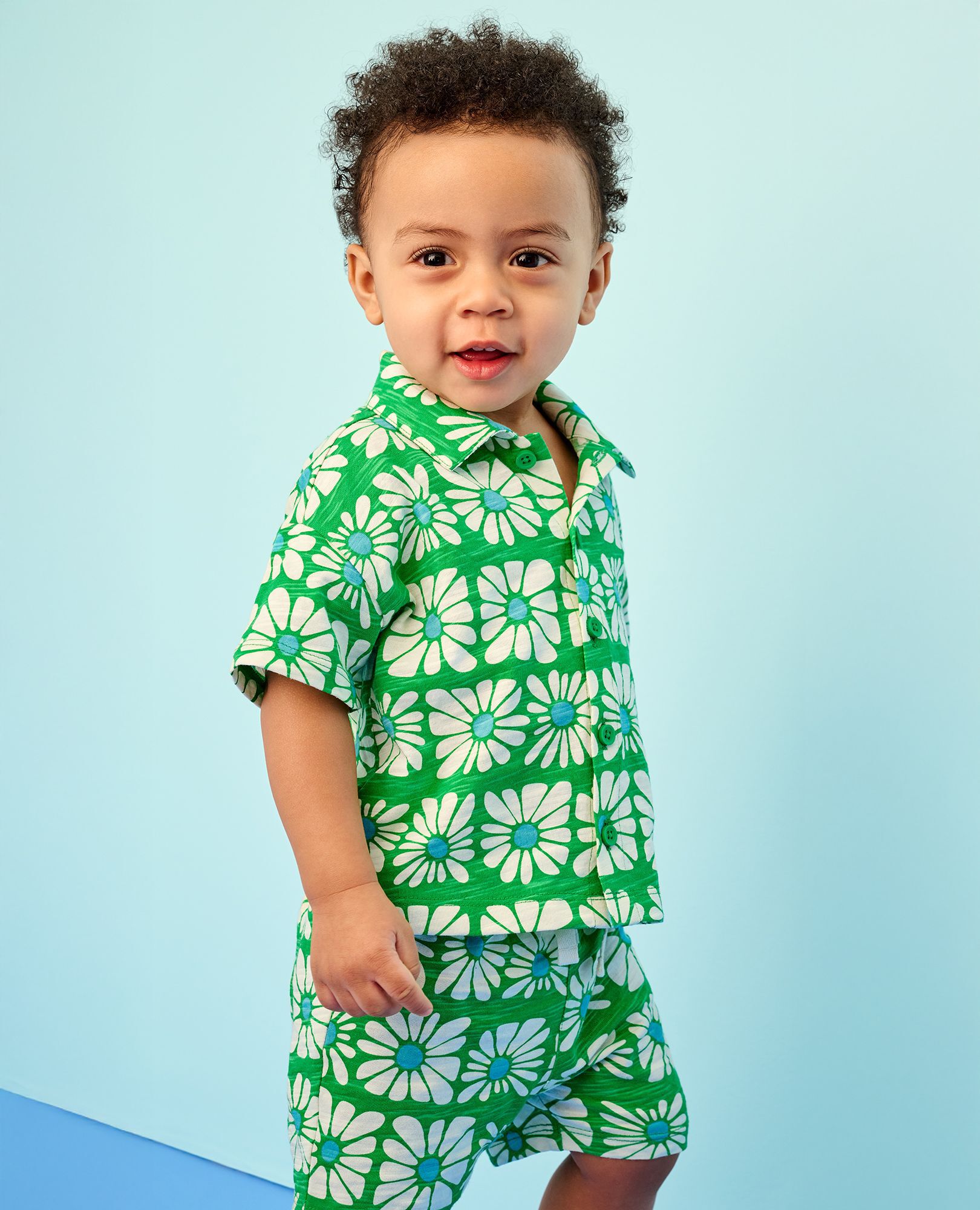 Baby Button Up Shirt & Shorts Set in Funky Floral on Island Green - main