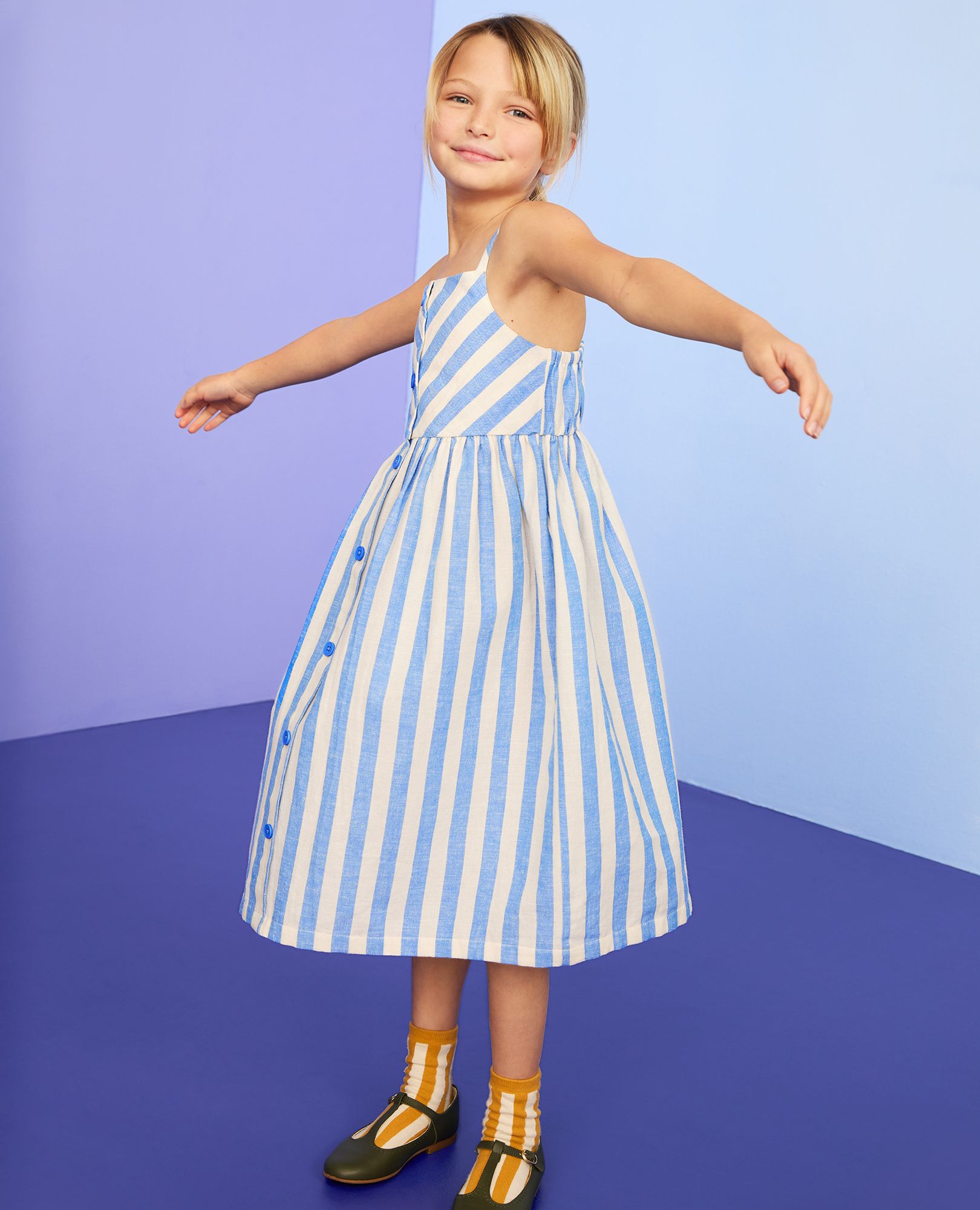 Sleeveless Linen Midi Dress with Pockets in Horizon Blue/Ecru - main