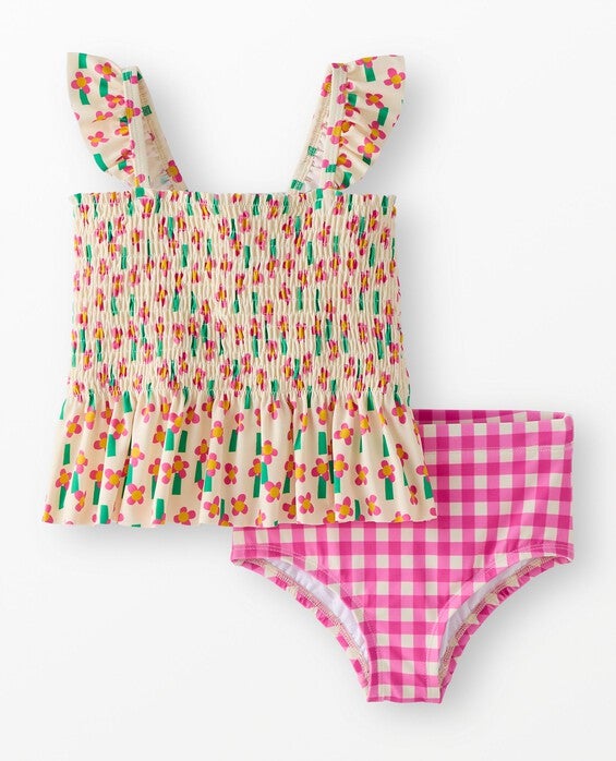 Girls' A Field Of Flowers On Ecru Two-Piece Smocked Mixie Swimsuit - Size Little Kids 5 by Hanna Andersson