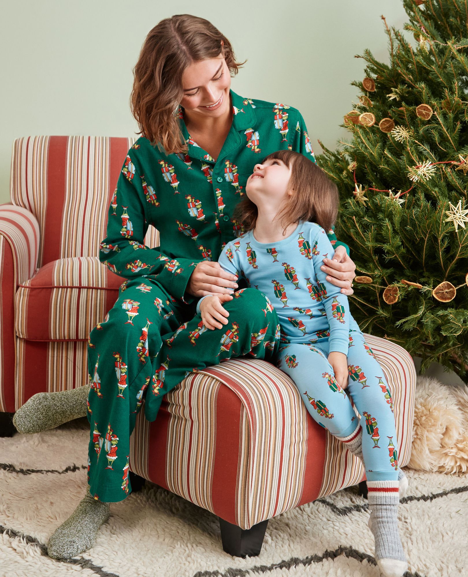 Adult Dr. Seuss Grinch Flannel Pajama Top in Grinch Presents on Green - main