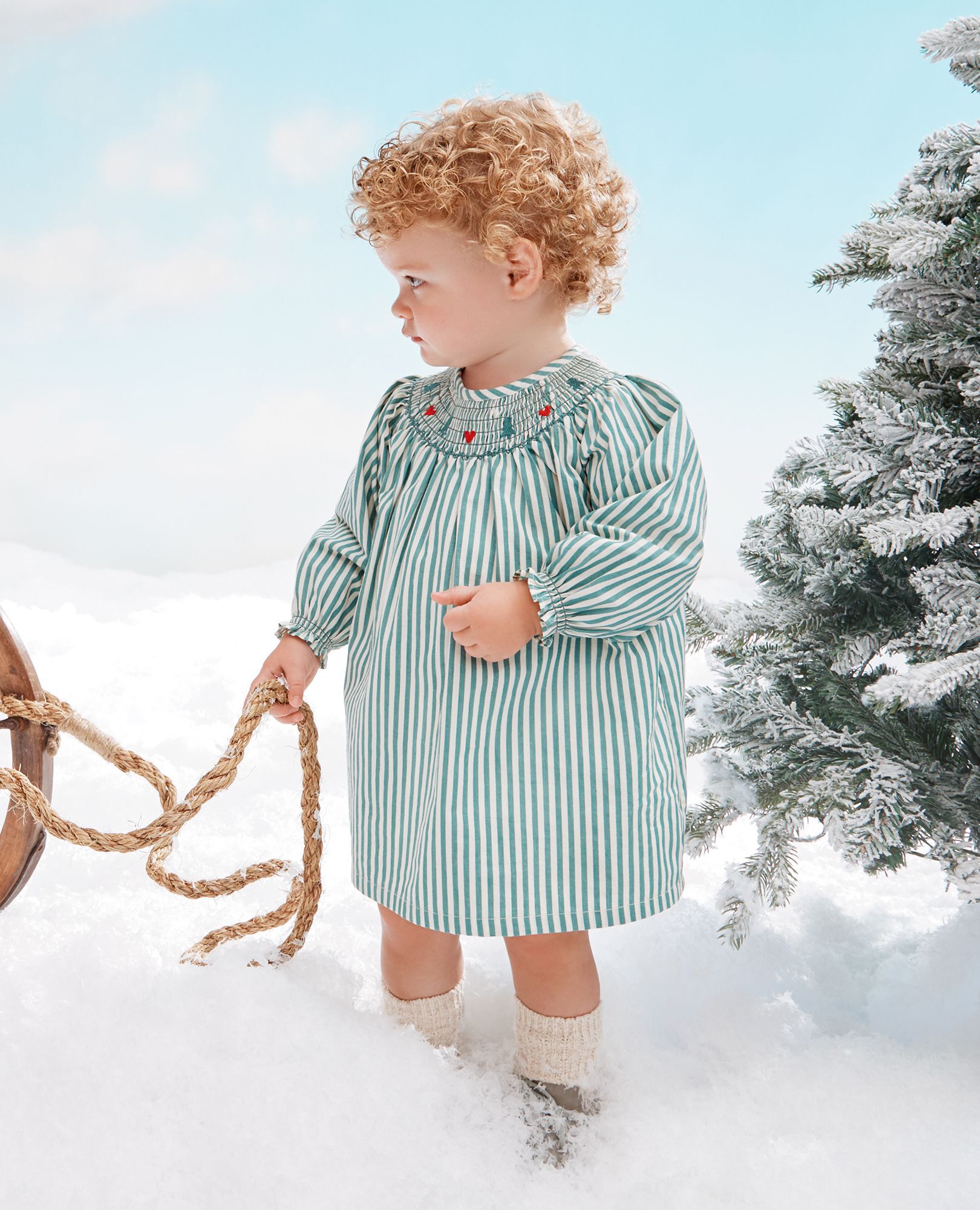 Baby Holiday Embroidered Dress & Bloomers Set in Fir Tree/Ecru - main
