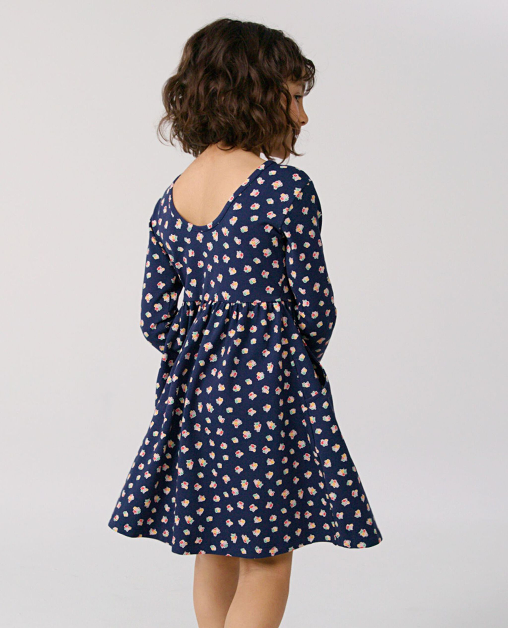 Long Sleeve Skater Dress with Pockets in Flower Bunch on Navy - main