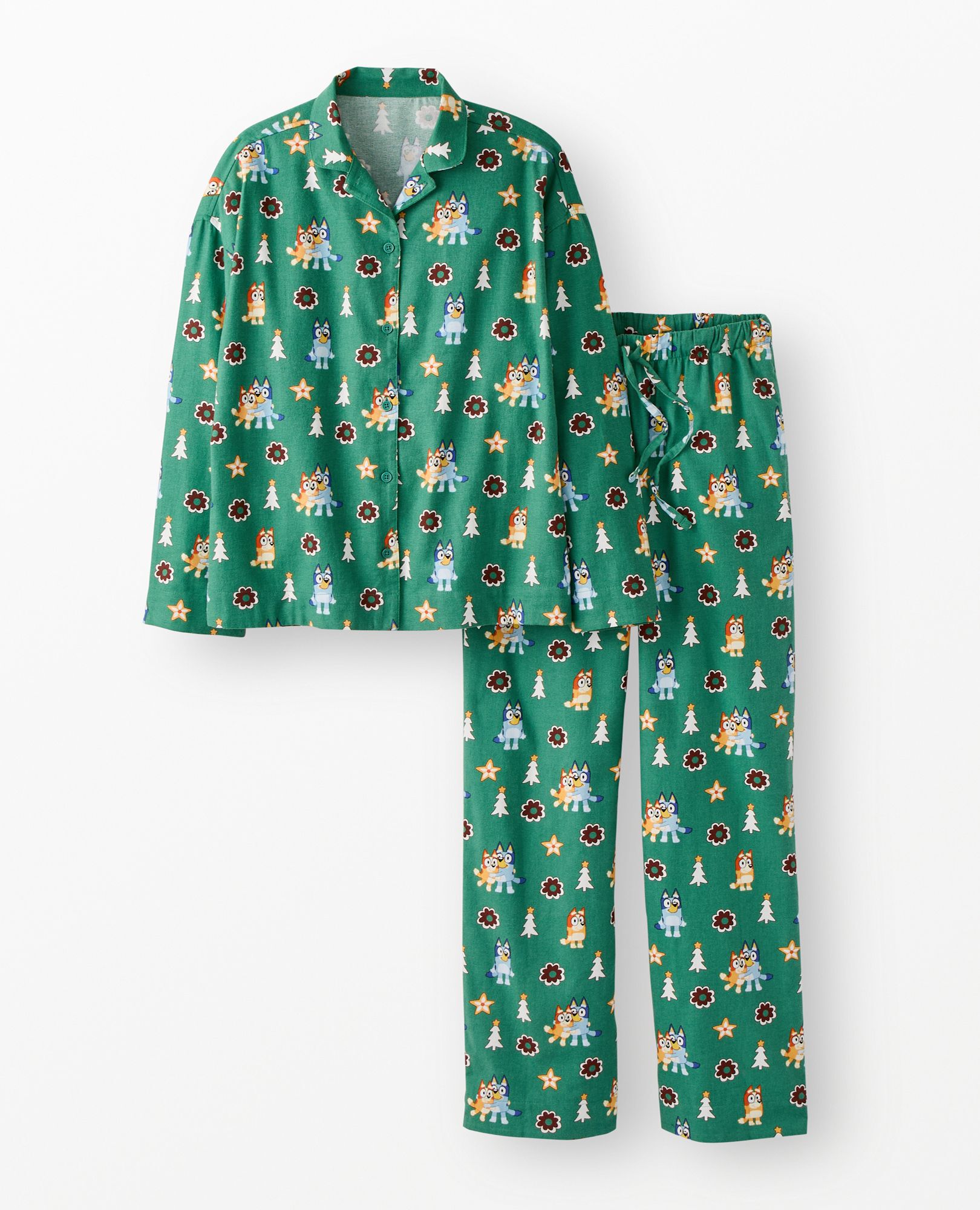 Women's Bluey Holiday Flannel Pajama Set in Bluey Hugs and Cookies on Green - main