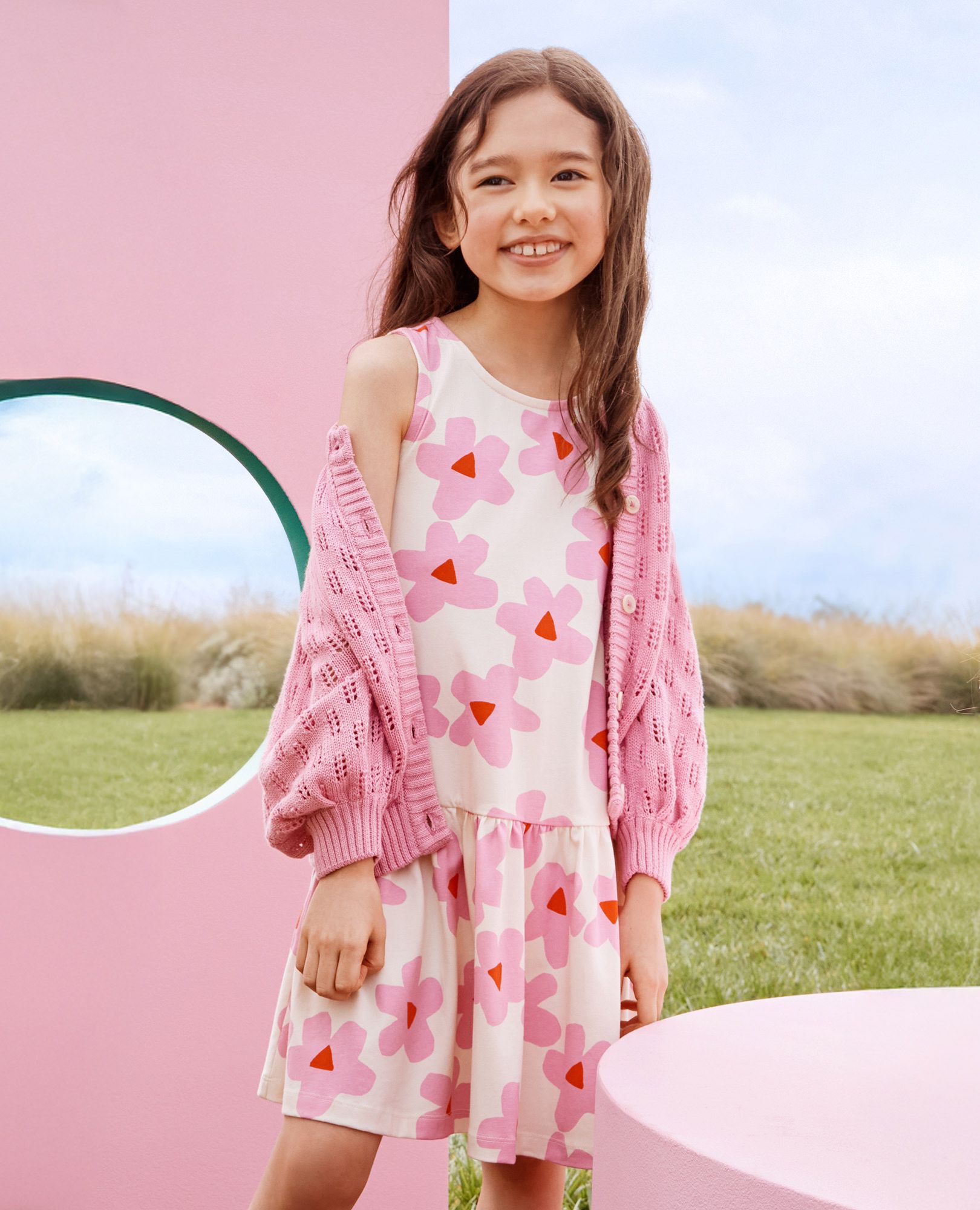 Sleeveless Drop Waist Peplum Dress in Pink Flowers on Ecru - main